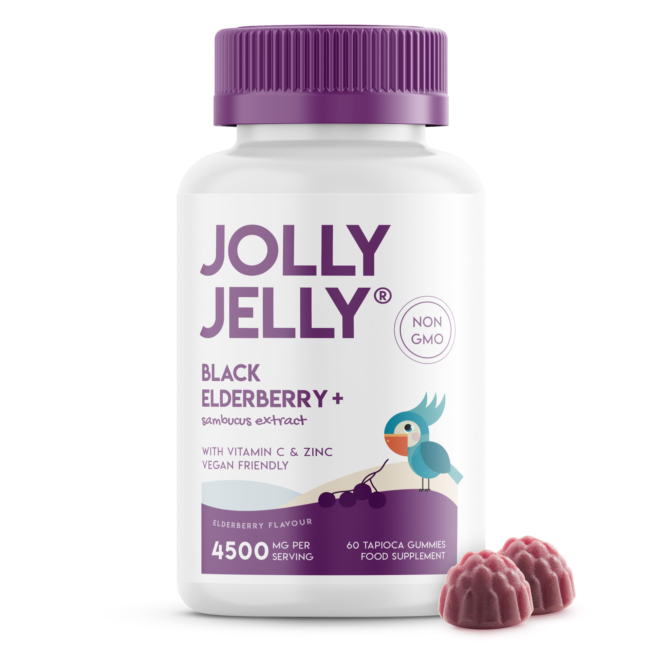Black Elderberry Gummies 4500mg with Vitamin C & Zinc - Immune Support Wild European Sambucus 30:1 Elderberry Extract - 60 Vegan Gummies by Jolly Jelly