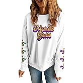 YBHUO Mardi Gras Sweatshirt for Women Sequin Graphic Crewneck Long Sleeve Casual Pullover Sweatshirts Tops