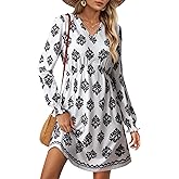 Dokotoo Fall Dresses for Women 2025 Casual V Neck Lantern Long Sleeve Floral Shirred High Waist A-Line Boho Dress