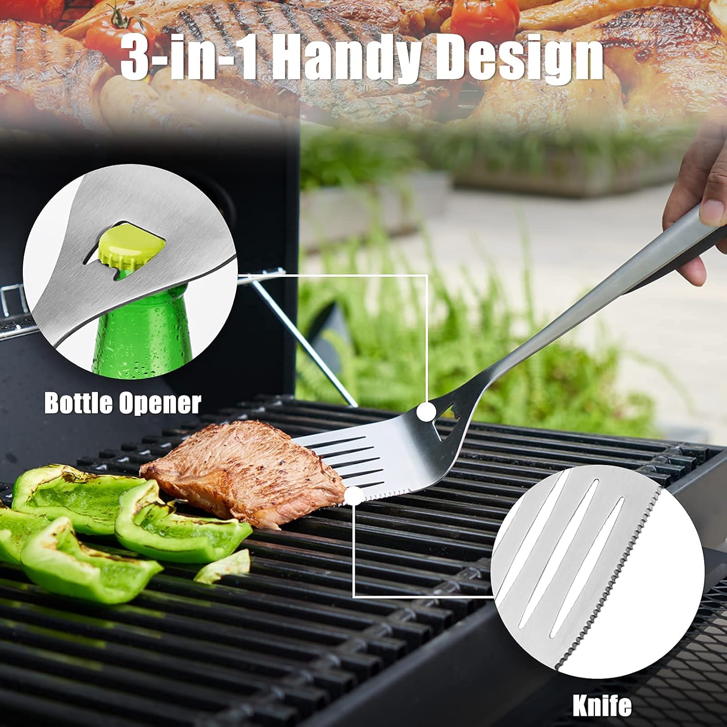 SHINESTAR Sturdy Outdoor Grill Tool Set with 18-Inch Comfortable Handles, Grill Brush, Spatula, Fork, Tong Included, Heavy Duty & Dishwasher Safe, 4pcs : Garden & Outdoor