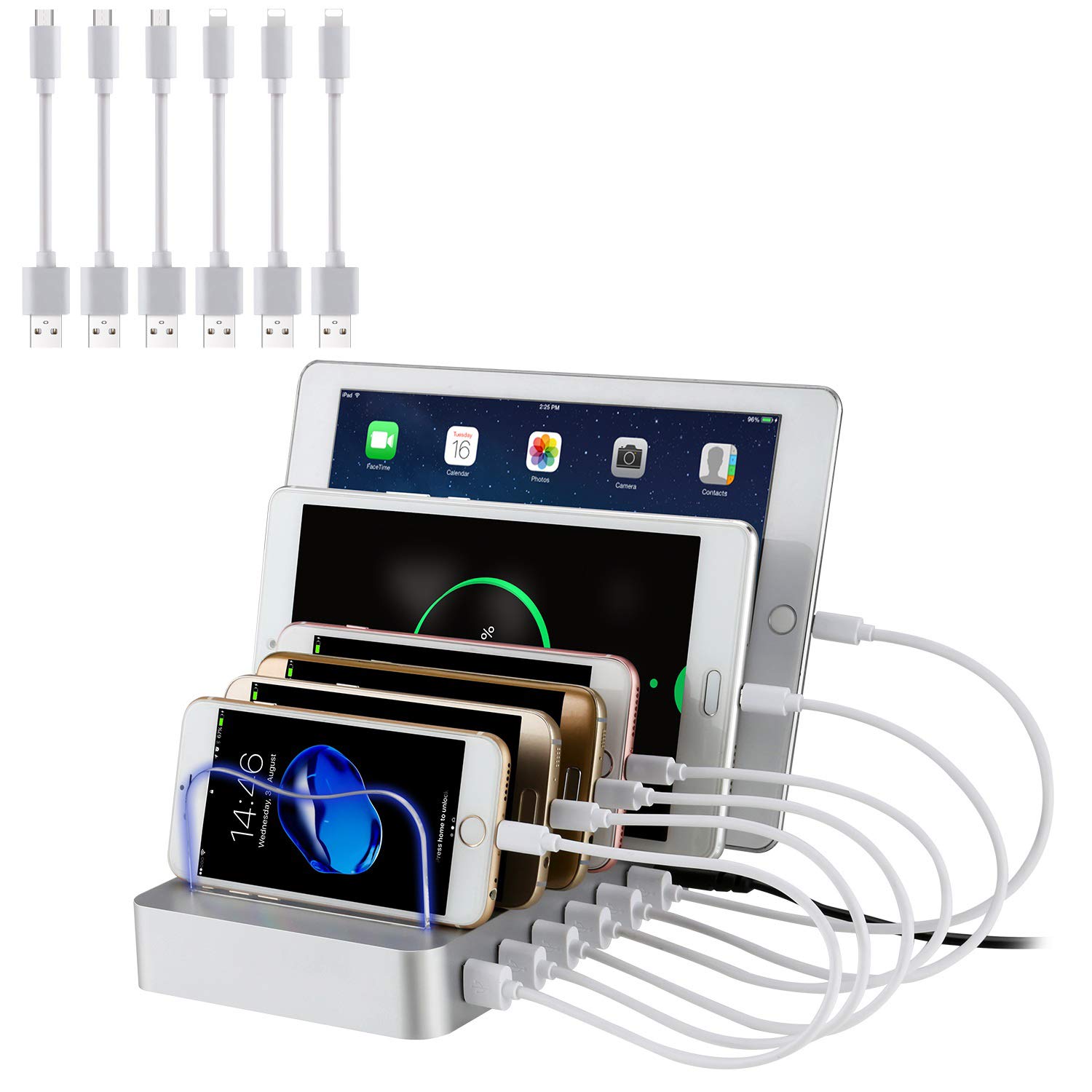 PRITEK 6-Port USB Charger Station with 6 Short USB Cables - Multi Device Desktop Charger for Cellphone, Tablet, Earphones, MP3, MP4 & More (Silver)