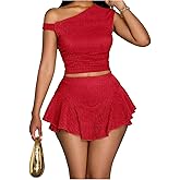 WDIRARA Women's One Shoulder Asymmetrical Tank Top and Layered Ruffle A Line Mini Skirt Sets 2 Piece Outfits