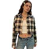 GORGLITTER Women's Flannel Cropped Shirts Y2k Long Sleeve Button Down Plaid Shirt Collared Work Casual Crop Top Trendy