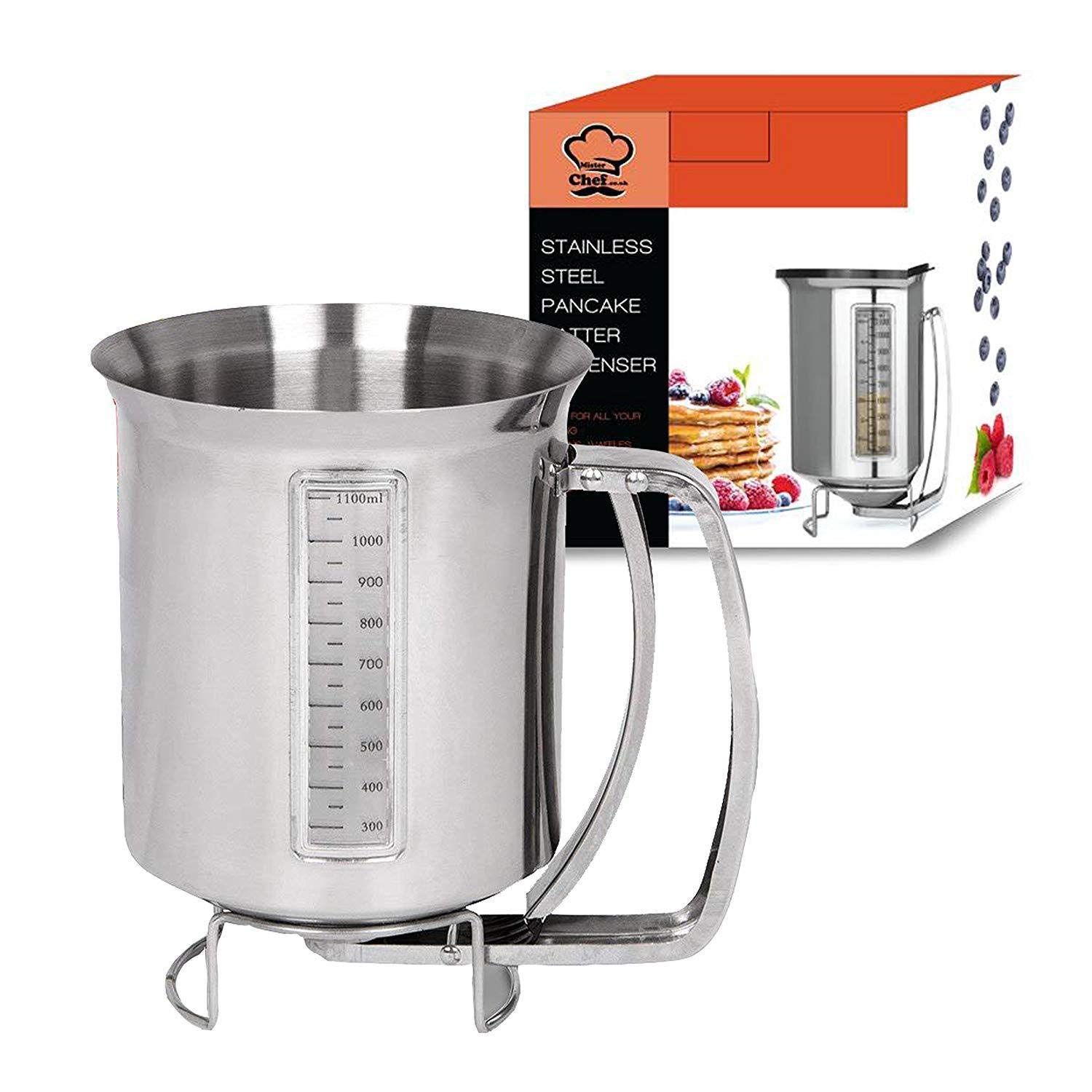 MisterChef Stainless-Steel Pancake Batter Dispenser – Measuring Guide and Lid – 1.2-L Capacity – Ideal for Pancakes, Crepes, and Waffles – Free Plastic Cover -2-Year Warranty