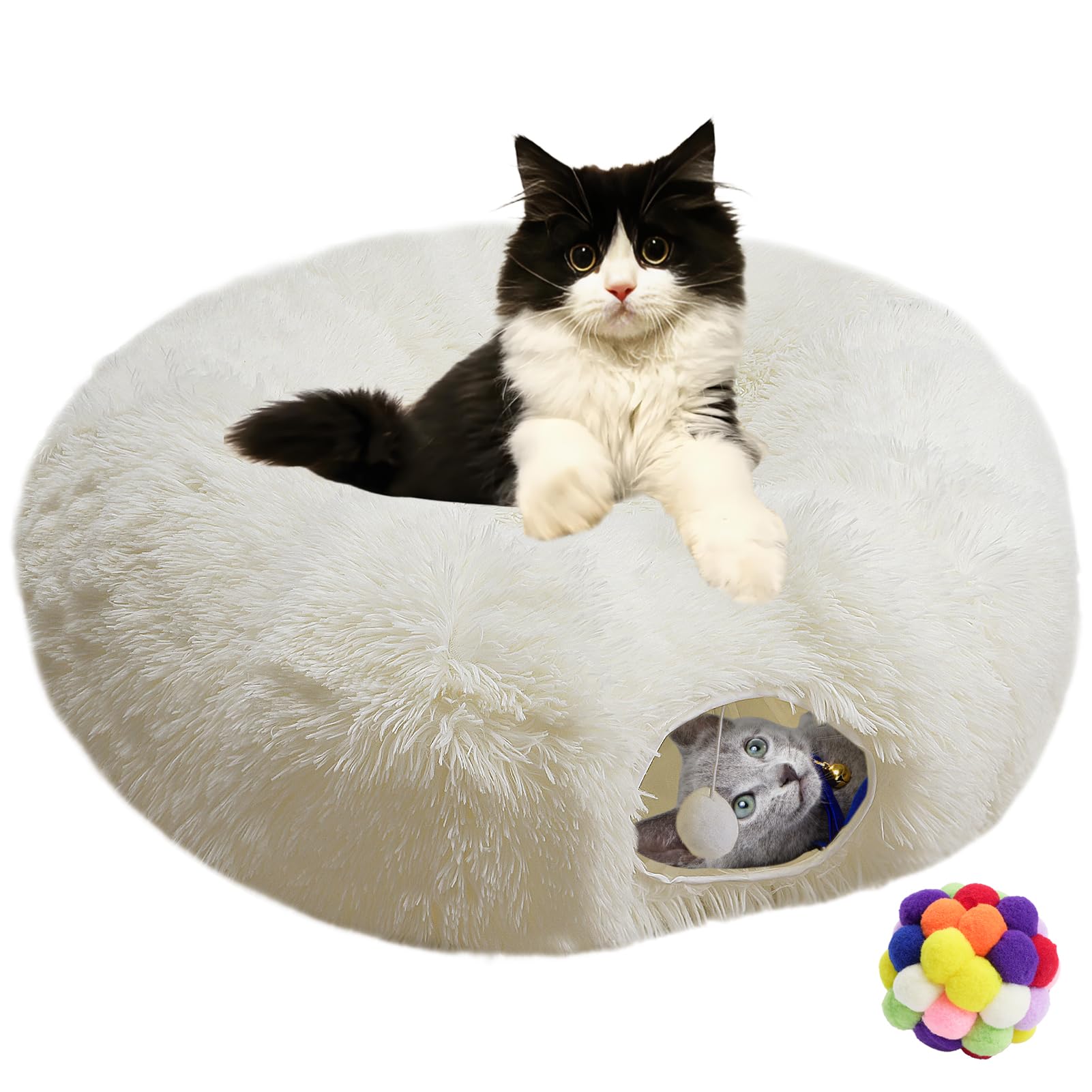 Photo 1 of Naielfopet White Fluffy Warm Plush Cat Round Tunnel Tube, Soft Collapsible Multi-Combinations Cat Donuts Bed for Kitty Kitten Puppy Rabbit Ferret (White)