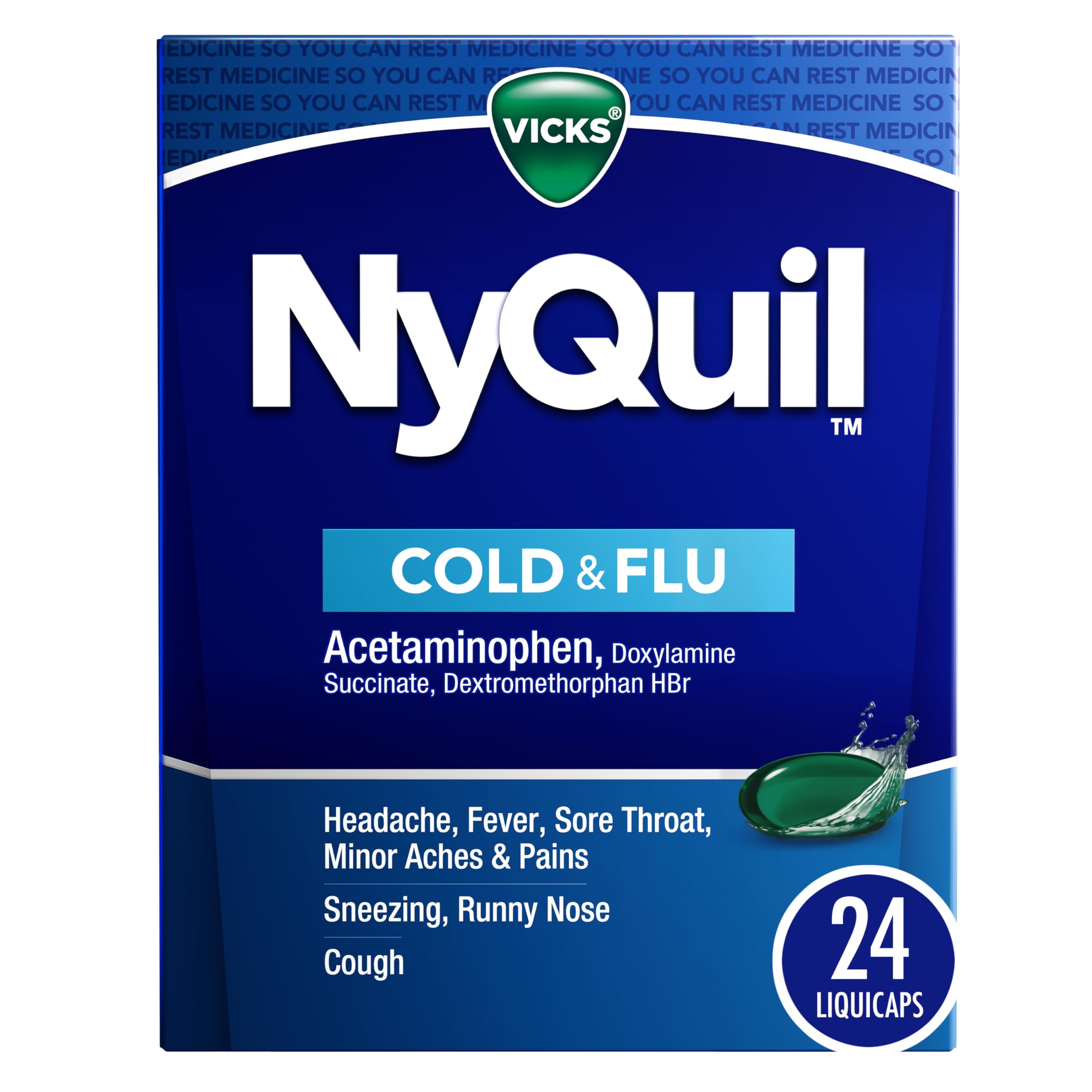 Vicks NyQuil Cold & Flu Relief Over-the-Counter Medicine, Powerful Multi-Symptom Nighttime Relief for Headache, Fever, Sore Throat, Minor Aches and Pains, Sneezing, Runny Nose, and Cough, 24 Liquicaps