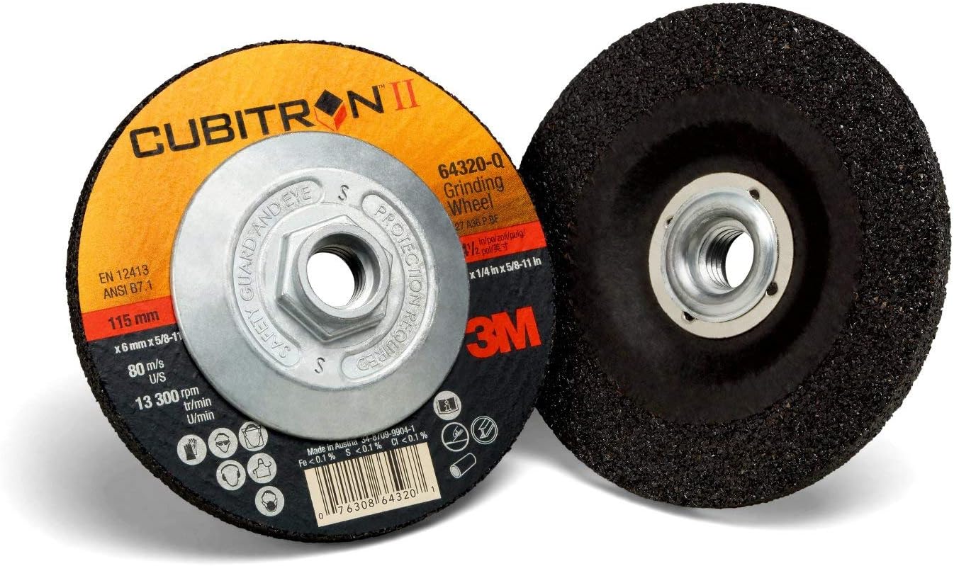 3M Cubitron II Depressed Center Grinding Wheel - J-Weight Adhesive Backed Disc - Type 27 Premium Metal Grinding Wheel - 4.5" x .25" x 5/8-11 Thread - 64320