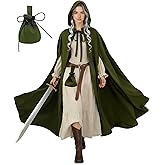 Sloakify 2 PCs Women Renaissance Green Cloak with Hood and Belt Pouch, Medieval Hooded Arm Hole Cape, Viking Costume Set for Adult