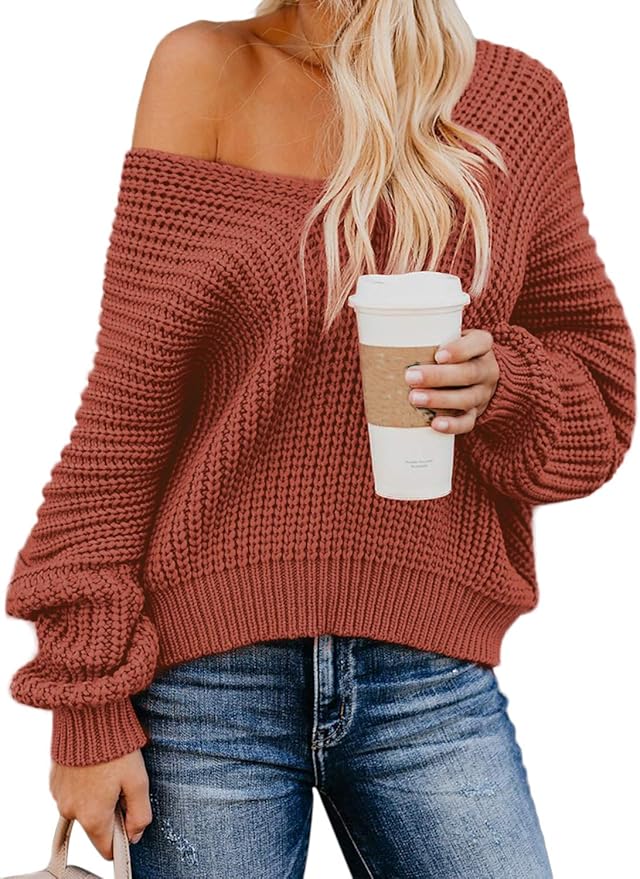 ZKESS Women's Off Shoulder V Neck Knit Sweater Solid Pullover Jumper