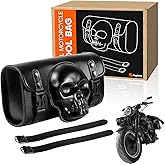 Rogierra 7.2L Motorcycle Tool Bag,Universal PU Leather Motorcycle Fork Bag Waterproof Handlebar Bag For Harley Suzuki Kawasaki,Black 3D Skull Bag