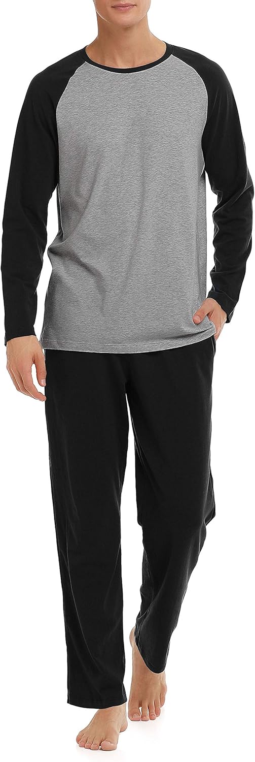 DAVID ARCHY Men's Cotton Raglan Sleepwear Long Sleeve Top & Bottom Pajama Lounge Set: Clothing