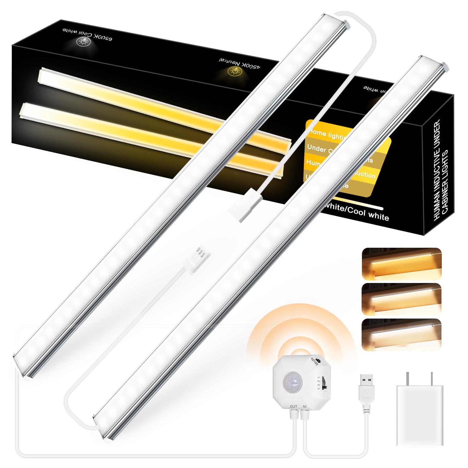 Photo 1 of Daymeet 12 Inch Ultra Thin Led Light bar, Motion Sensor Counter Closet Lamp, Under Cabinet Lights Plug in, 3 Color Temperatures 3500K 4500K 6500K Shelf Lights for Kitchen, Workbench, Desk (2 Pack)