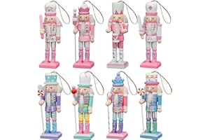KoolShare Christmas Nutcracker Ornaments 8-Piece Decoration Set, 5-Inch Handcrafted Wooden Soldiers in Pink & Pastel Color, Hangable for Xmas Tree or Tabletop Display