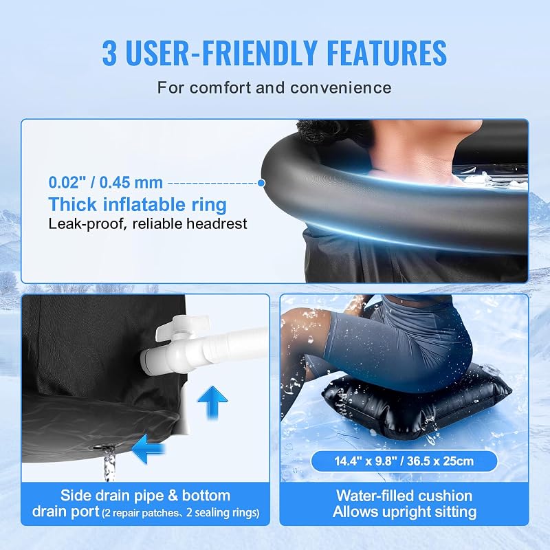 VEVOR 850 x 750 mm Banheira de Gelo para Terapia de Água Fria para Atletas, Piscina de Imersão Exterior Portátil com Barril de Gelo para Recuperação, 330 L com Cobertura, Preto — foto 4 de 8