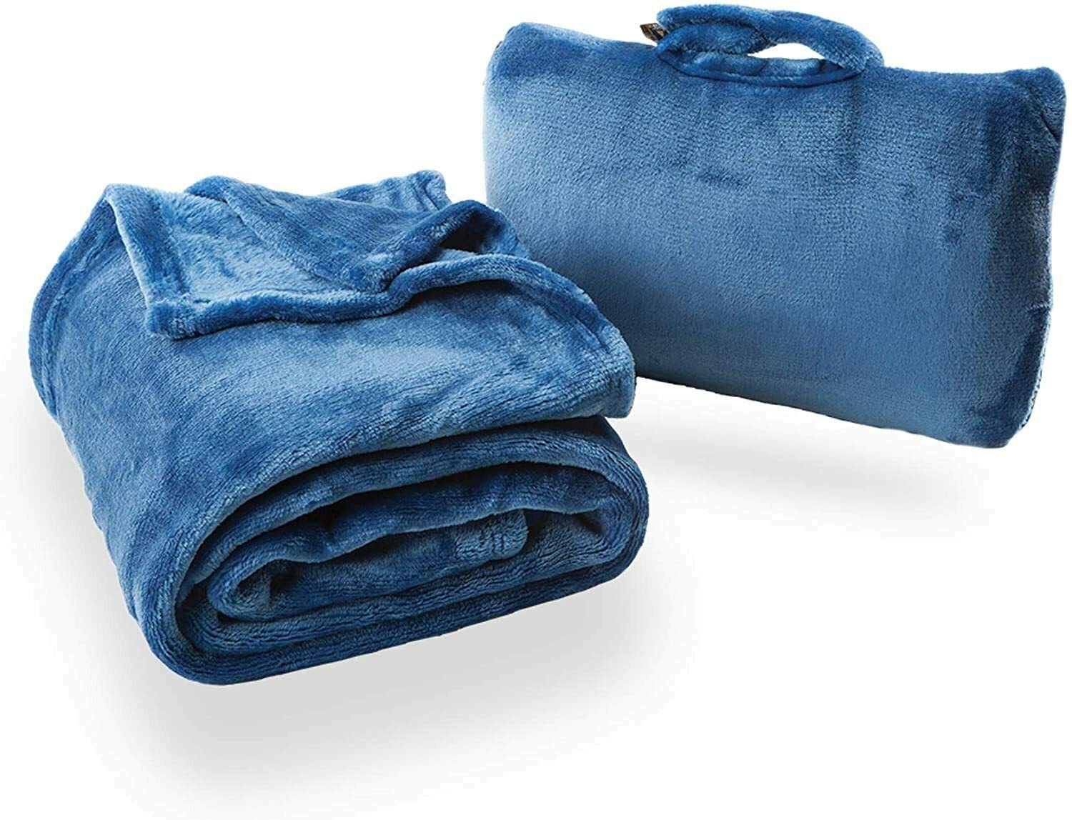HOCHSTE 4-in-1 Travel Blanket Ultra Plush,Velvelty and Soft French Microfiber Blanket Built-in Carry Case, Ideal Airplane Home Blanket Doubles as Lumbar Pillow and Neck Support Comfort Royal Blue