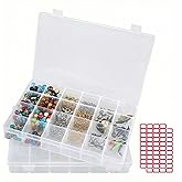 Megoogo 2pack 24 Grids Clear Plastic Organizer Box with Adjustable Dividers for Crafts Beads Buttons Fishing Tackles Tools Hair Accessories Small Items, Bead Storage Container Box with 2 Label Sticker