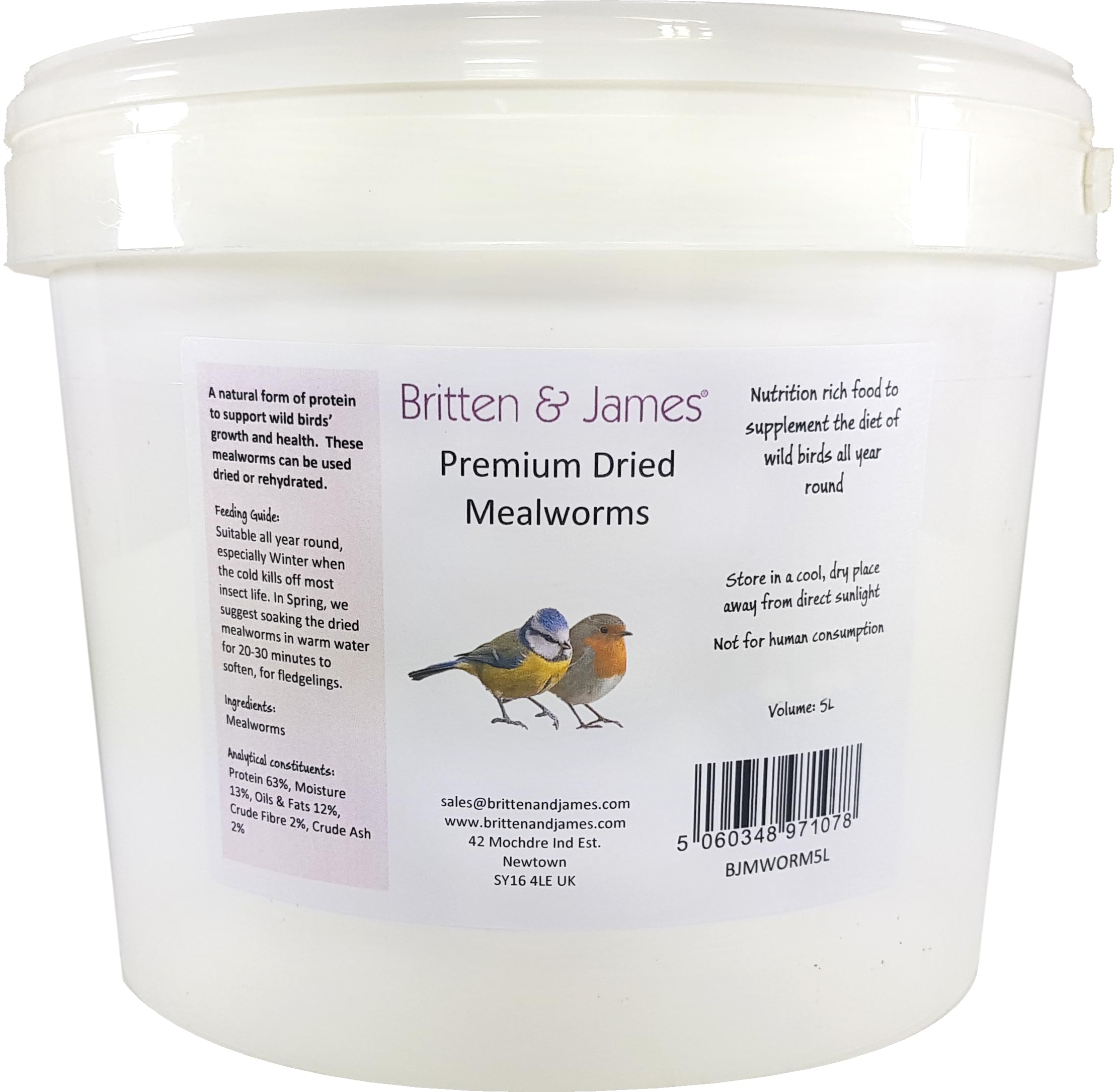 Britten & James Dried Mealworms for Wild Birds in a Stay Fresh 5L Tub (1kg)