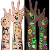 Day of the Dead Luminous Temporary Tattoos for Kids - 100 Pieces Glow In The Dark Tattoos Stickers for Boys and Girls,Sugar,Skeletons,Gemstones,Red Roses Face Makeup Tattoos Set,Holiday Party Gifts