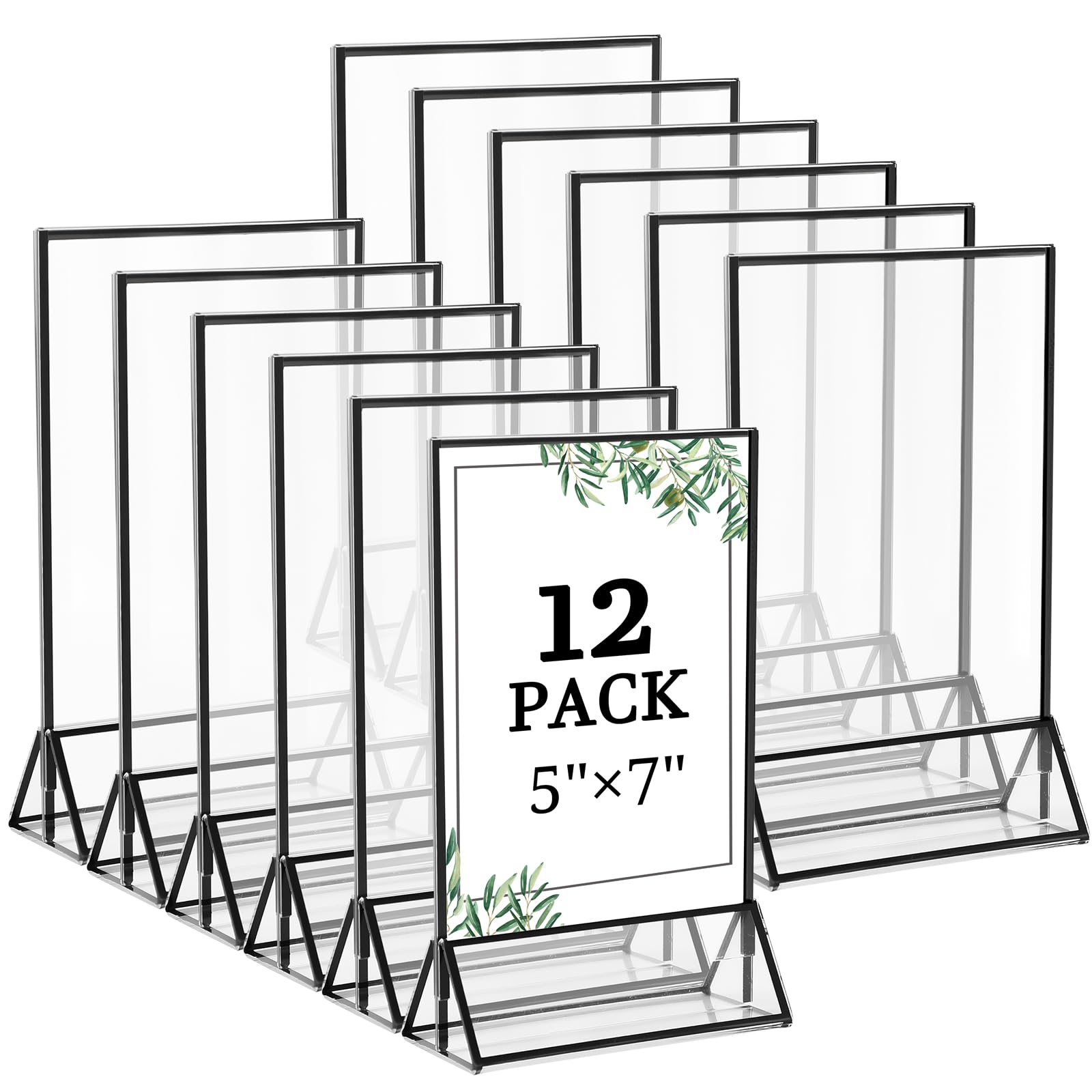 Photo 1 of Floroom 12 Pack 5x7 Inch Clear Acrylic Sign Holders, Double-Sided Black Display Stand Picture Frames for Table Numbers, Menus, Flyers, Weddings, and Offices