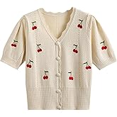 Xunger Women's Cute Cherry Embroidery Knit Cardigan V-Neck Summer Crochet Cropped Top Lightweight Casual Blouse