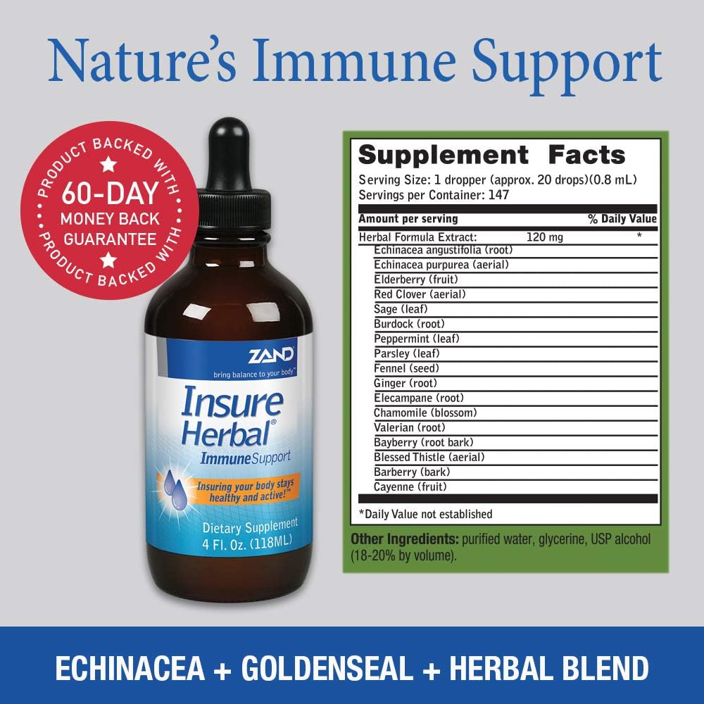 Zand Insure Immune Support | Herbal Liquid Echinacea Supplement | Features Elderberry, Chamomile, Ginger & Valerian | 4 oz: Health & Personal Care