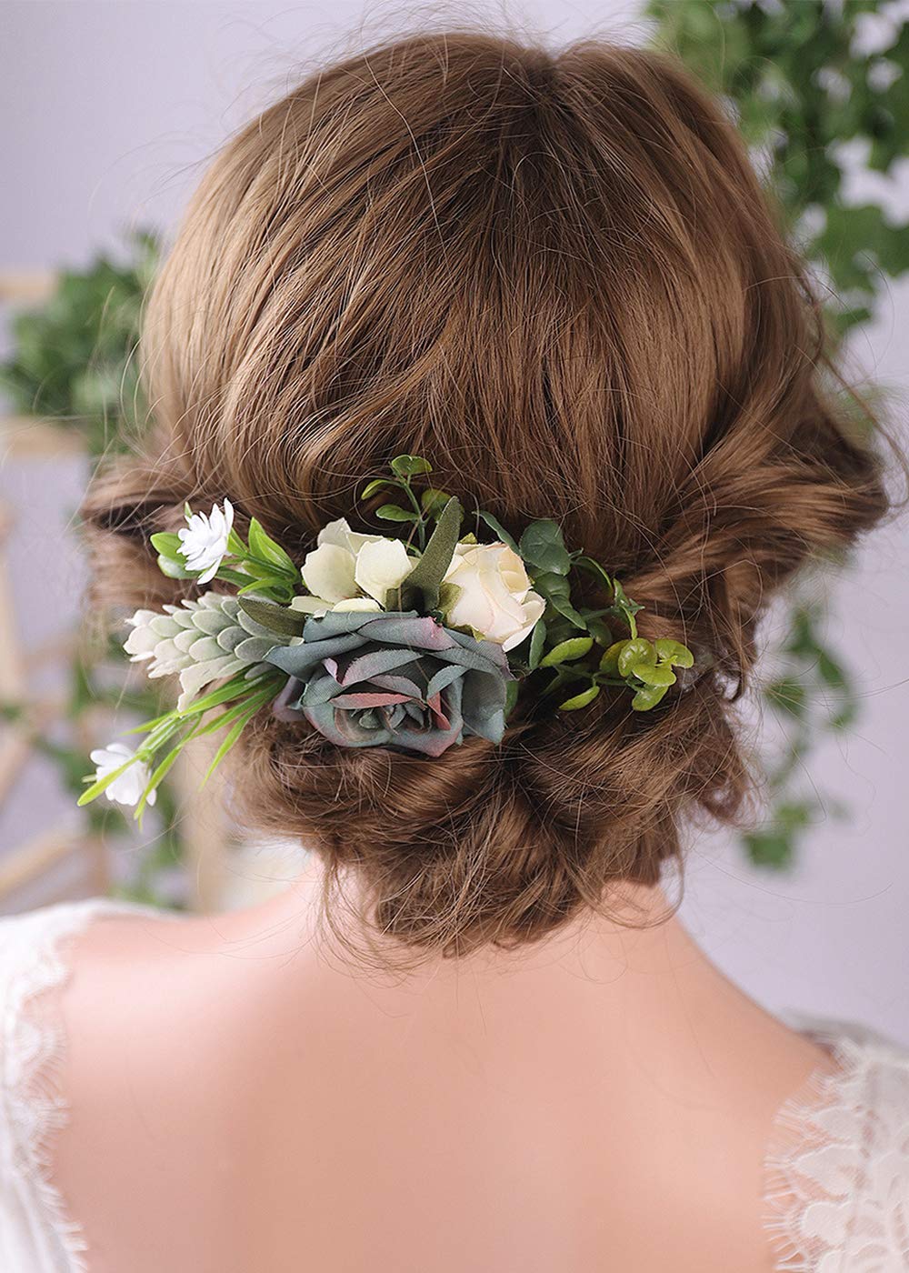 Anglacesmade Bridal Flower Hair Comb Navy Blue Rose Blush Daisy Eucalyptus Greenery Headpiece for Rustic Wedding Photo Shoot Prom Party Festival