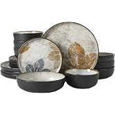 Gibson Elite Chantilly Hill 16-Piece Ceramic Dinnerware Set, Round Plates &amp; Bowls, Multicolor Leaf Design, Microwave &amp; Dishwasher Safe, Service for 4