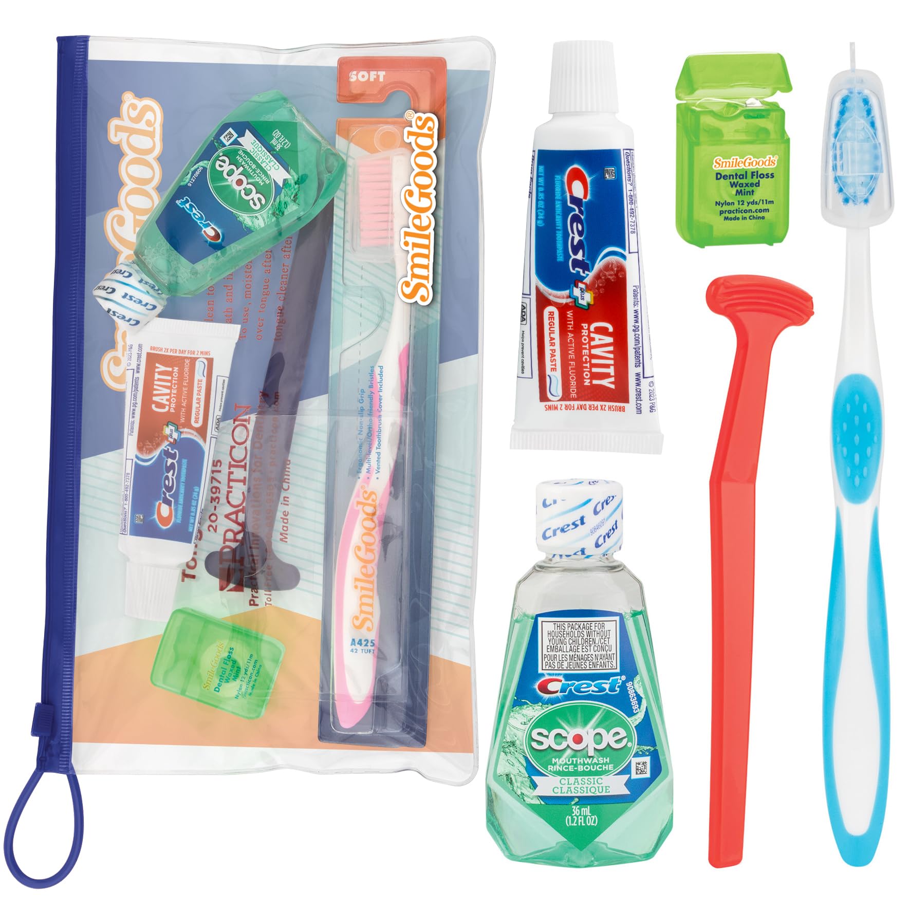 View 1 of Practicon Adult Dental Care Kit, Travel Size Bundle w/Toothbrush with Cover, Crest Toothpaste, Floss, Tongue Cleaner and Scope Mouthwash, TSA Compliant Oral Care Kit