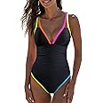 popvil Women's One Piece Neon Color Block 2025 Swimsuits Tummy Control Swimwear Deep V Neck Slimming Bathing Suit