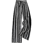 winkbay Women's Geo Print Wide Leg Palazzo Pants Casual Belted High Waisted Flowy Boho Beach Trousers