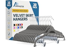Lifemaster Velvet Skirt Hangers – with Adjustable Clips, 360 Degree Swivel Hook, and Non-Slip Shoulder Notch, Holds Up to 10 lbs, for Organizing Skirt, Pants, Dress, and Clothes, Pack of 20, Gray