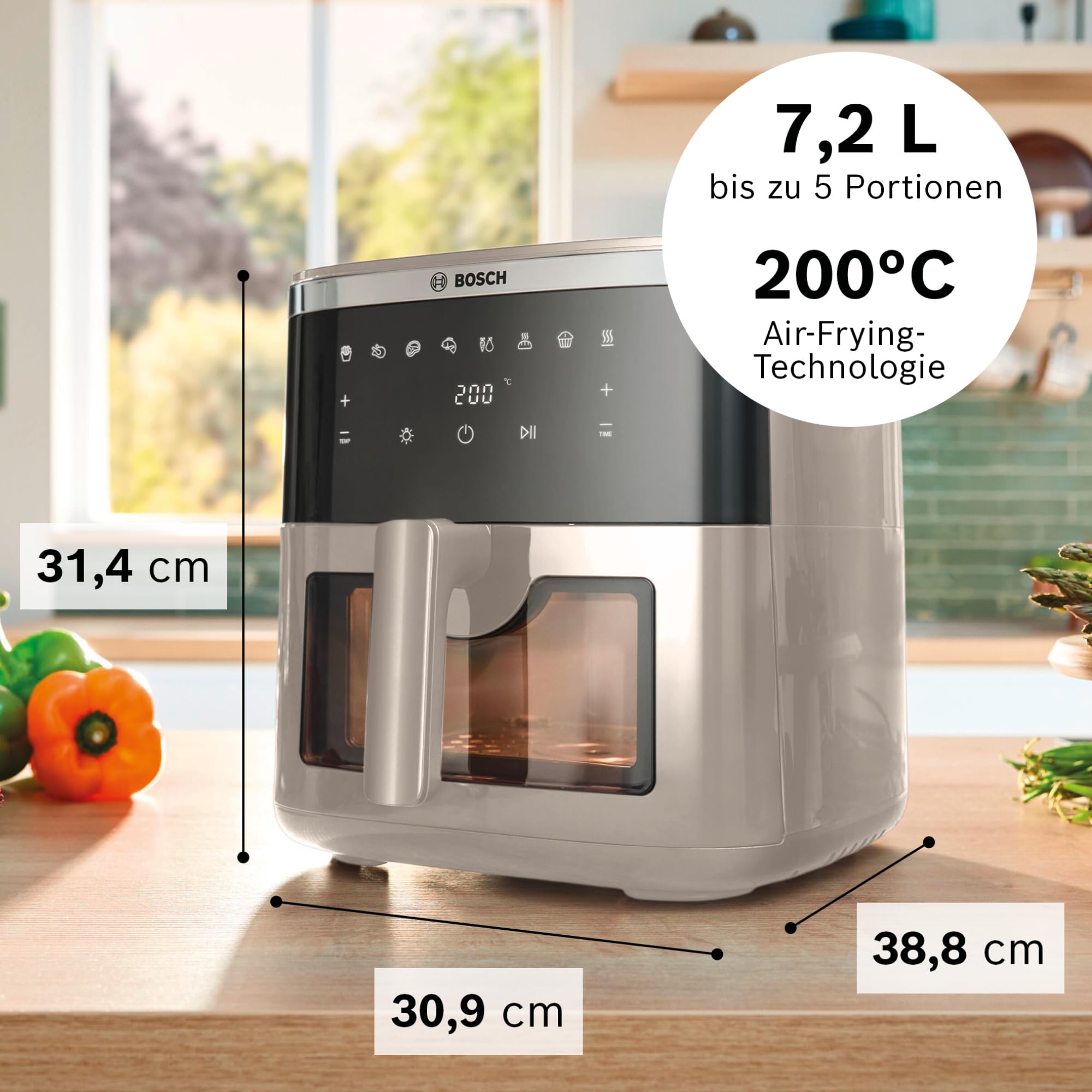 Bosch Heißluftfritteuse Serie 6, XXL Air Fryer, creme, 7,2 L Fassungsvermögen, beleuchtetes Sichtfenster, 7 voreingestellte Programme, bis zu 65% schnelleres Kochen, MAF671C0 2