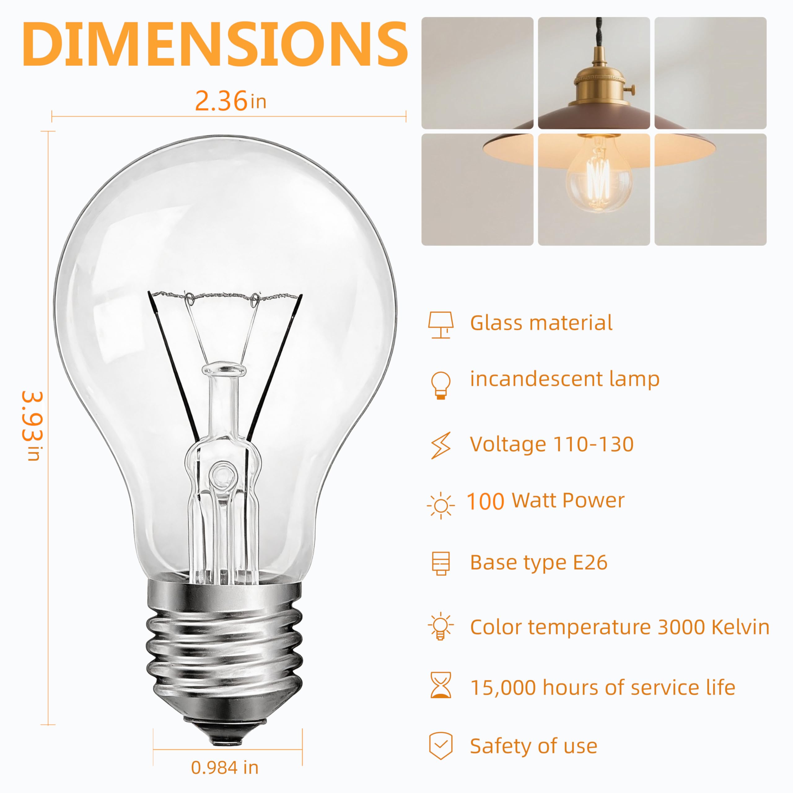 Condition photo showing As Is for hoimuv 100 watt incandescent light bulbs, a19 clear incandescent rough service light bulb,a19 100 wa