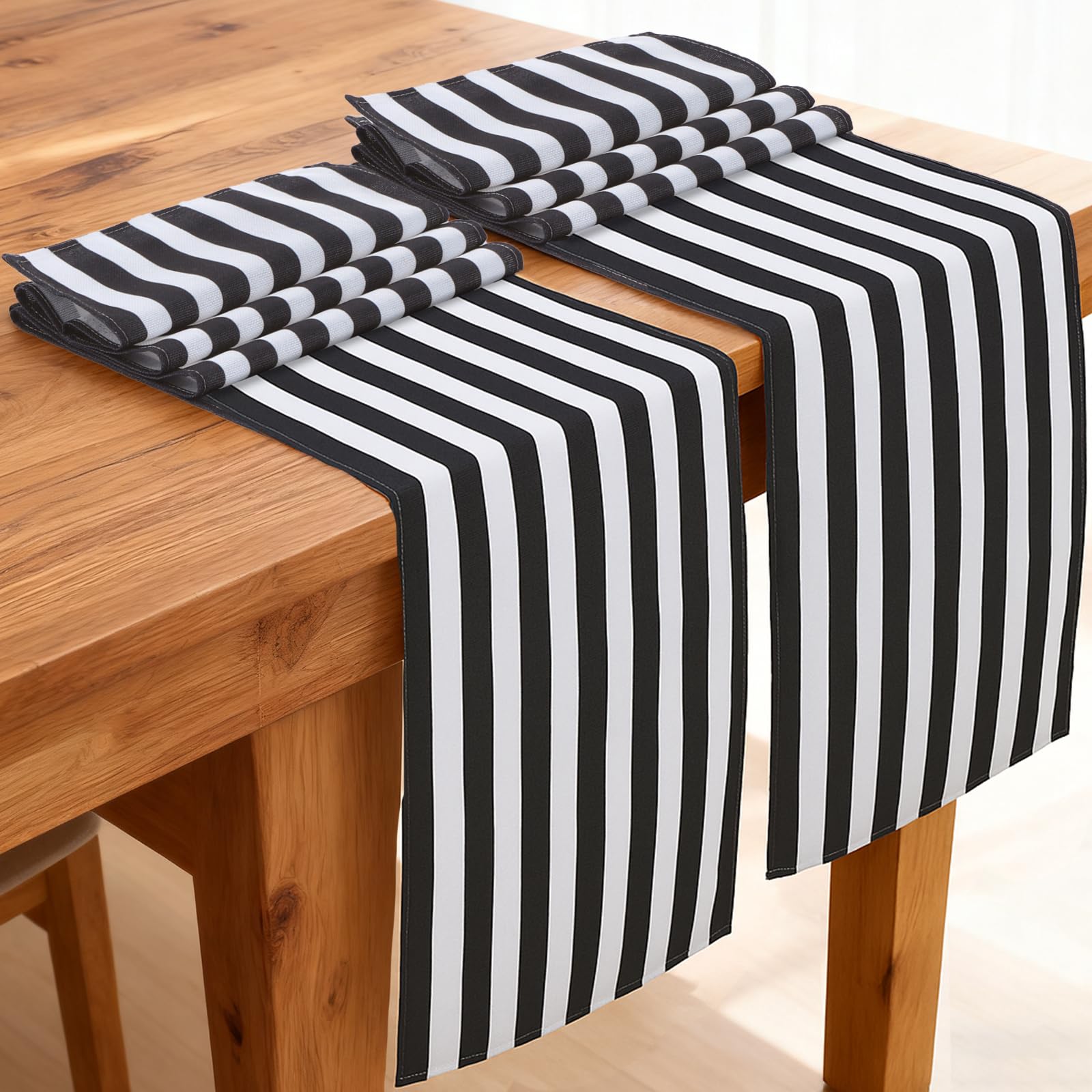 Photo 1 of 2 Pack Black and White Striped Table Runner 72 x 13 Modern Stripes Polyester Tablerunner Canvas Table Runners Cloth for Party Birthday Dining Celebrations Wedding Bridal