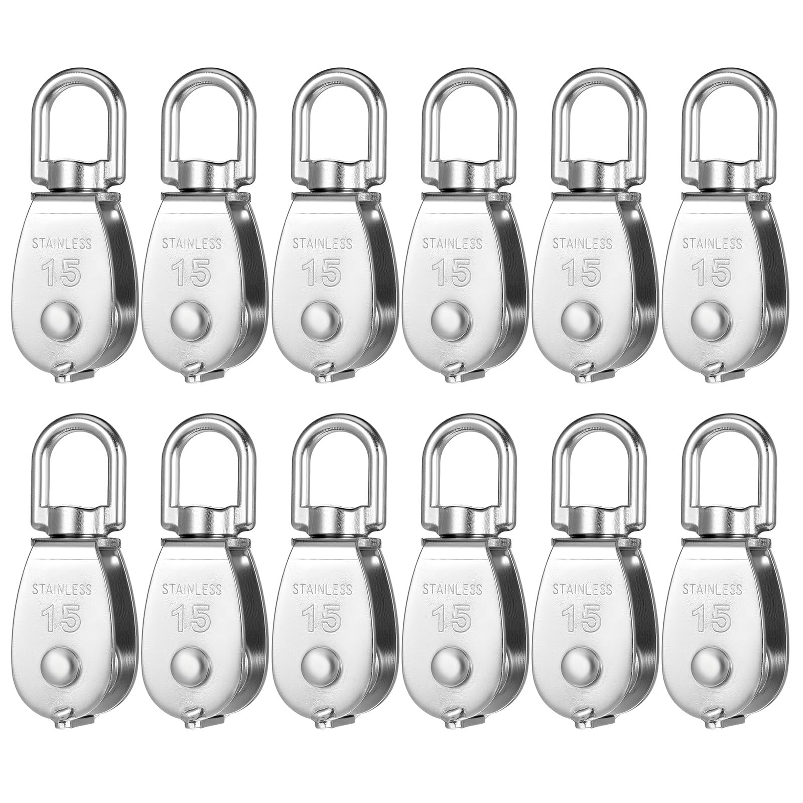 Photo 1 of 12 Pack M15 Pulleys for Rope, 304 Stainless Steel Wire Rope Cable Pulley, Heavy Duty Swivel Pulley Wheel Hanging Wire Towing Wheel for Lifting