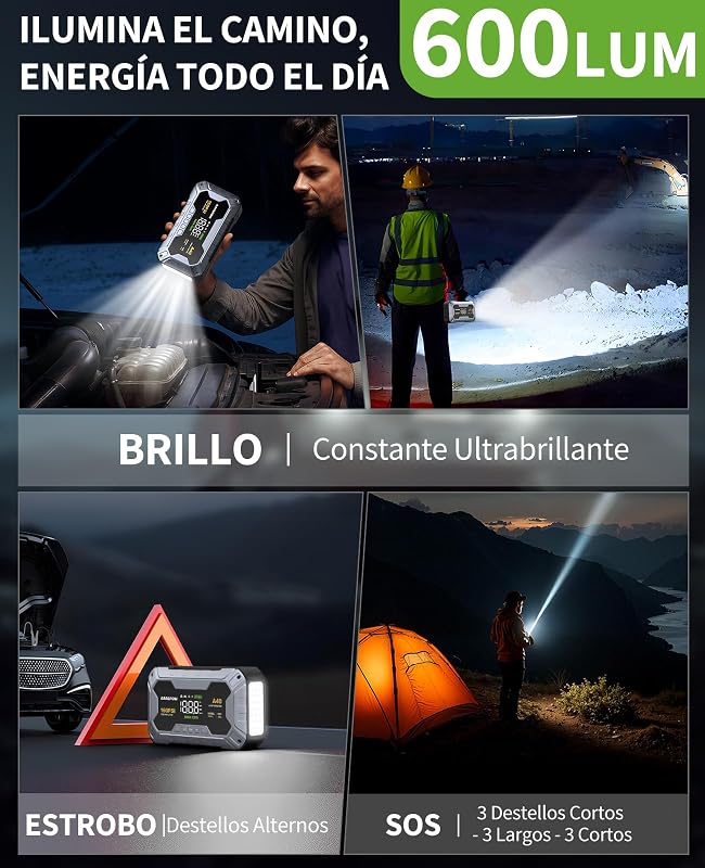 Arrancador de Coches 9000A con Compresor, 160PSI Inflador de Neumáticos, Jump Starter 12V, Arrancador de Baterias de Coche (Todo Gasolina o 12L Diésel), Pantalla LCD, Luz LED, USB-C Portátil