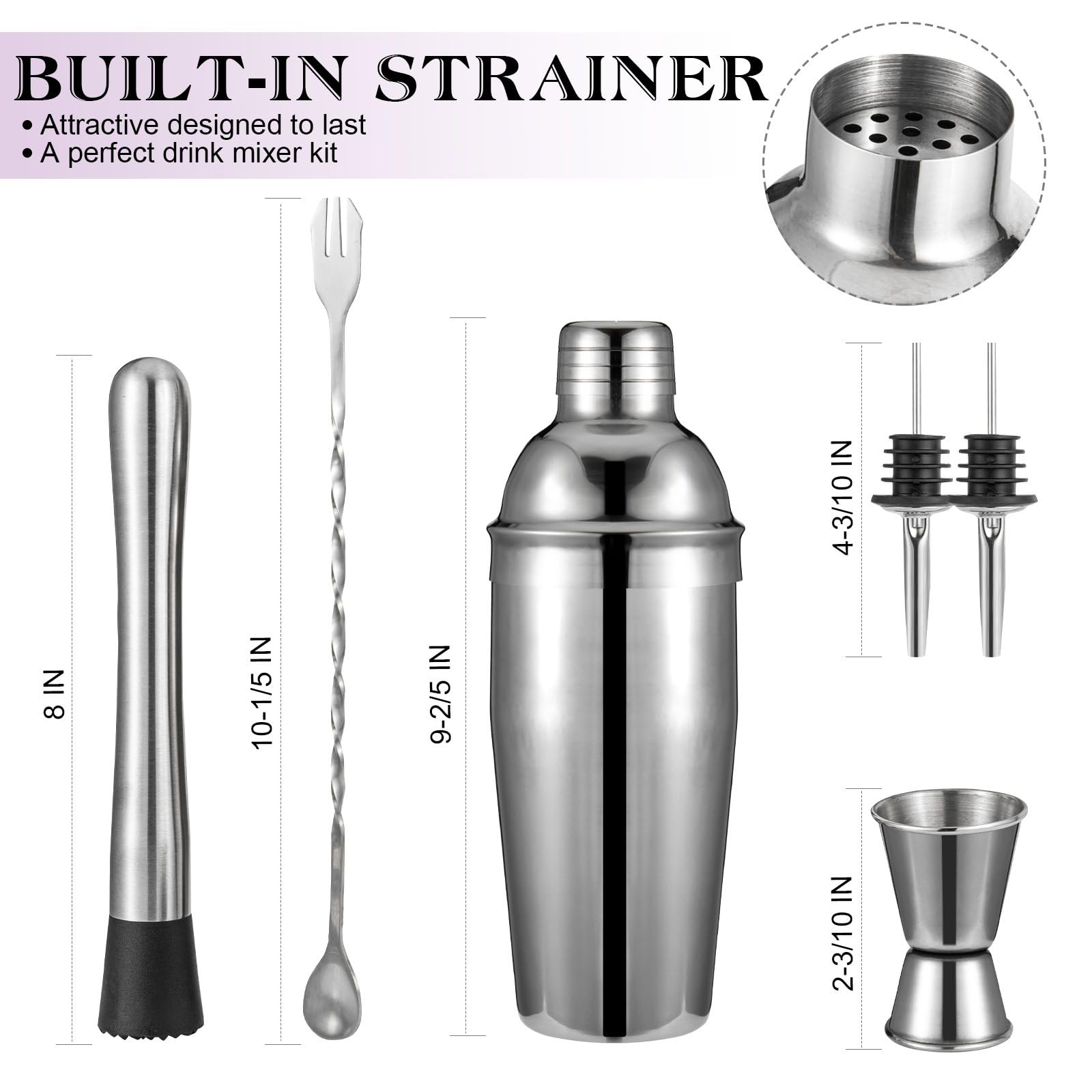 Cocktail Shaker Set, 6-Piece Mixology Bartender Kit Premium Shakers Bartending: Martini Shaker Jigger Mixing Spoon Muddler 2 Pourers Bar Tools Set with Built-in Bartender Strainer for Drink Shaker - Image 5