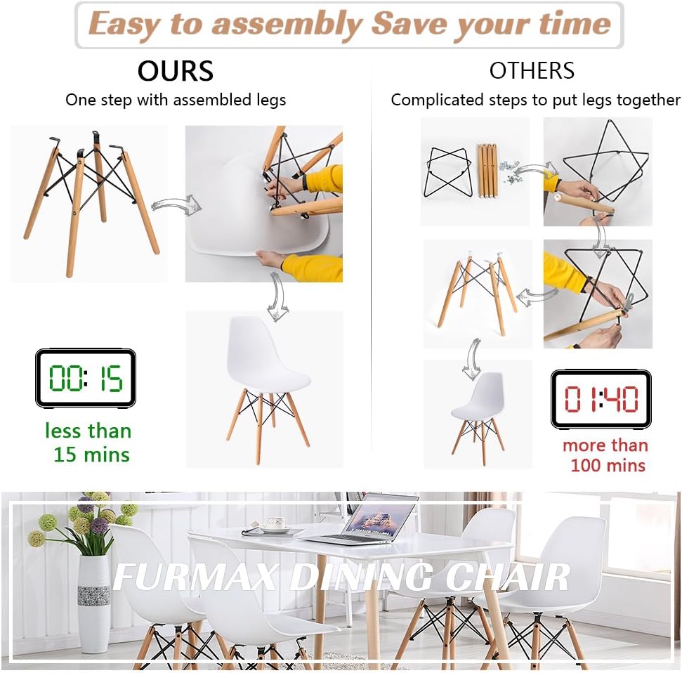 Furmax Pre Assembled Style Mid Century Modern DSW Shell Lounge Plastic Kitchen, Dining, Bedroom, Living Room Side Chairs Set of 4, White - Chairs