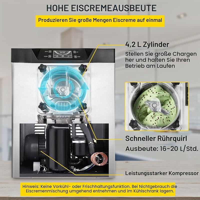 kommerzielle Eismaschine Eiscrememaschine 16-20 L/H Eiscreme, 1400 W Harteiscreme-Maschine mit intelligentem LCD-Display & verschiedenen Geschmacksrichtungen, für Snackbar, Restaurant Silber