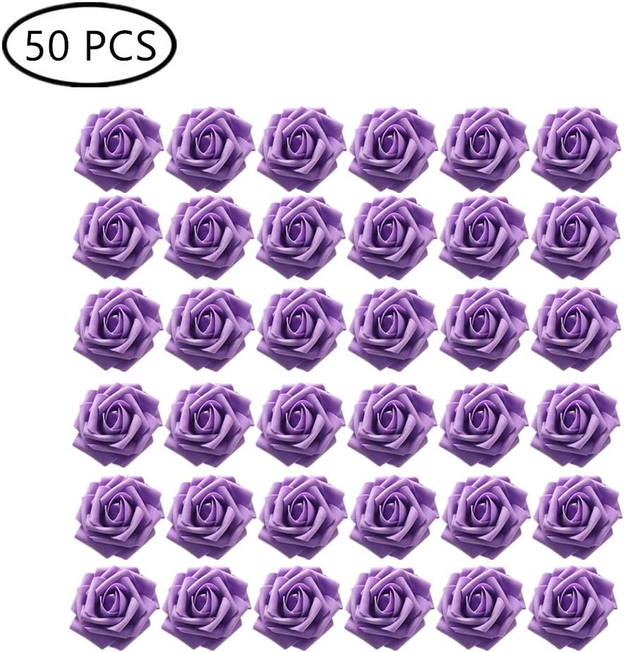 DQTYE 50pcs 8cm Real Touch Artificial Rose Fake Foam PE Flowers Head with Leaf and Adjustable Stem for DIY Bouquets, Wedding Party, Bridesmaid, Home Decor, Centerpieces, Floral Posies – Purple