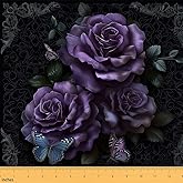 Erosebridal Purple Rose Fabric by The Yard, Butterflies Upholstery, Boho Floral Banquet Leaves Botanical Decorative, Romantic Women Indoor/Outdoor, Black Purple Blue, 3 Yards