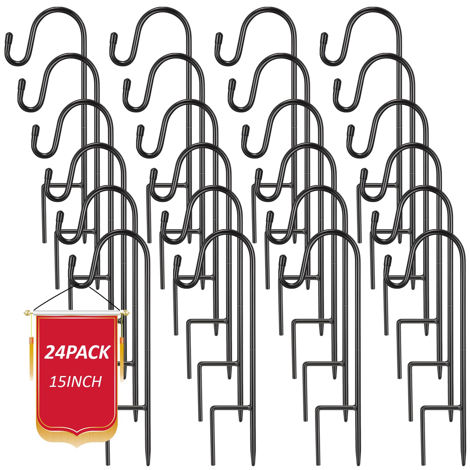 Photo 1 of Hicarer 24 Pack 15 Inch Shepherds Hooks Outdoor Plant Hanger Hook Metal Black Garden Bird Feeder Pole for Hanging Solar Lanterns Flower Basket Jars Christmas Lights Wedding Decor