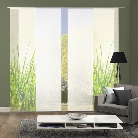 Vision S 94444 | 4er-Set Schiebegardinen SELO | halb-transparenter Stoff in Bambus-Optik | 4X 260x60 cm | Farbe: (grün)
