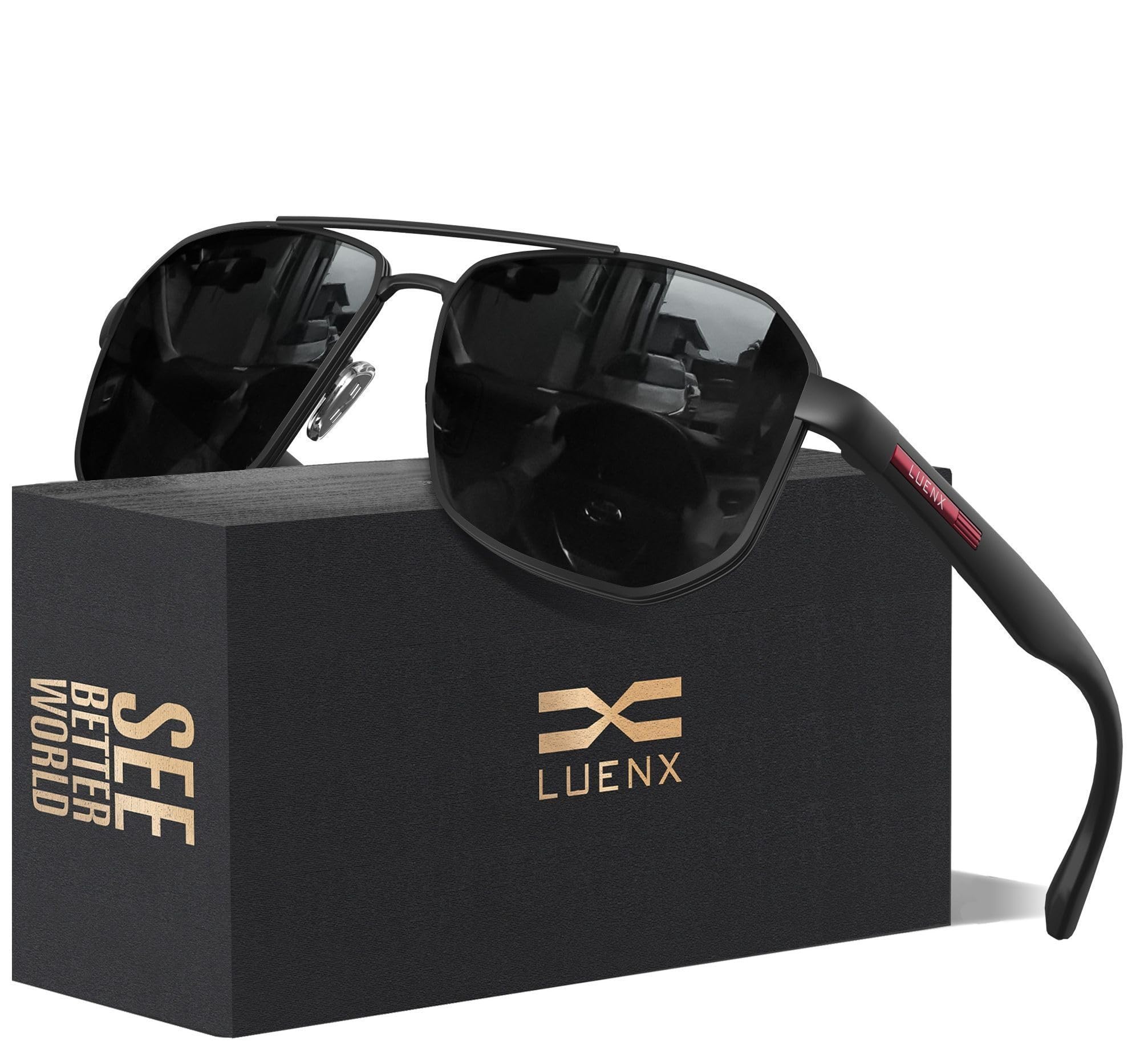LUENX Aviator Sunglasses for Men Square Polarized Polygon Lens - UV 400 Protection with Accessories 61MM Driving Outdoor