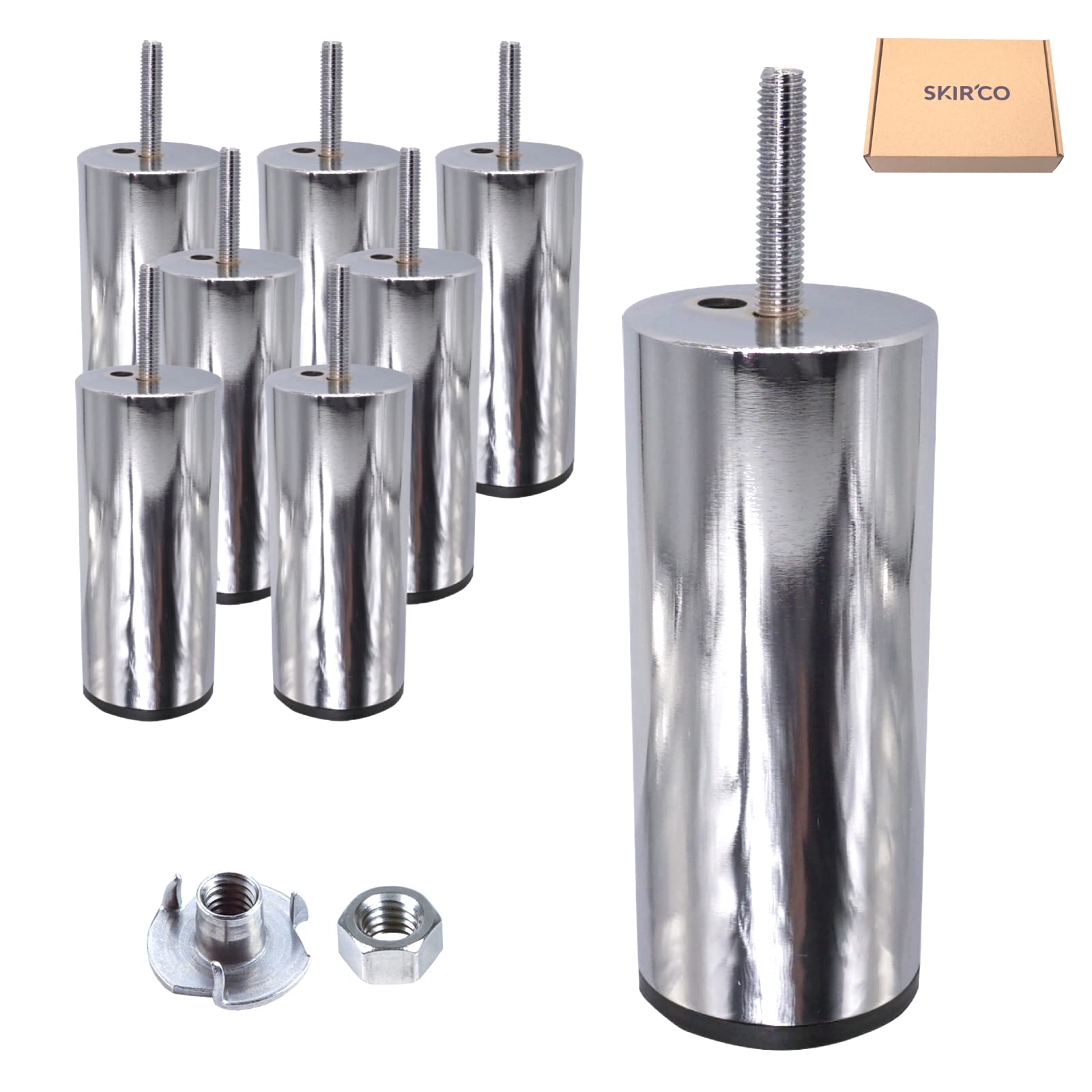 SKIR'CO (Pack of 8 pcs Metal Furniture 12 cm Legs With M8 Bolt, Glossy Chrome Furniture Feet, Round Sofa Leg With Nuts (8, Height 120 mm)
