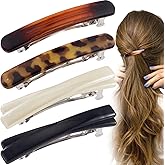 STSTR 4PCS French Barrette Hair Clips for Women, 2 Styles Small Tortoise Shell Hair Clip, Curved Glossy Thin Hair Flat Hair Accessories for Women (Black, White, Leopard Color, Amber)