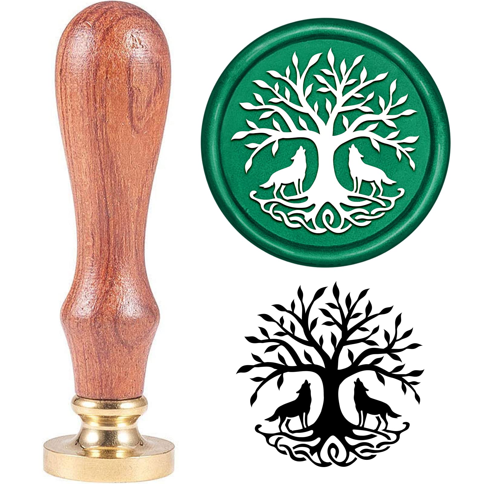 SUPERDANT Tree of Life Wax Seal Stamp 2 Howling Wolf Under Tree Vintage Wax Stamp 30mm Sealing Stamps with Removable Brass Head Wood Handle for Party Wedding Invitation Greeting Card