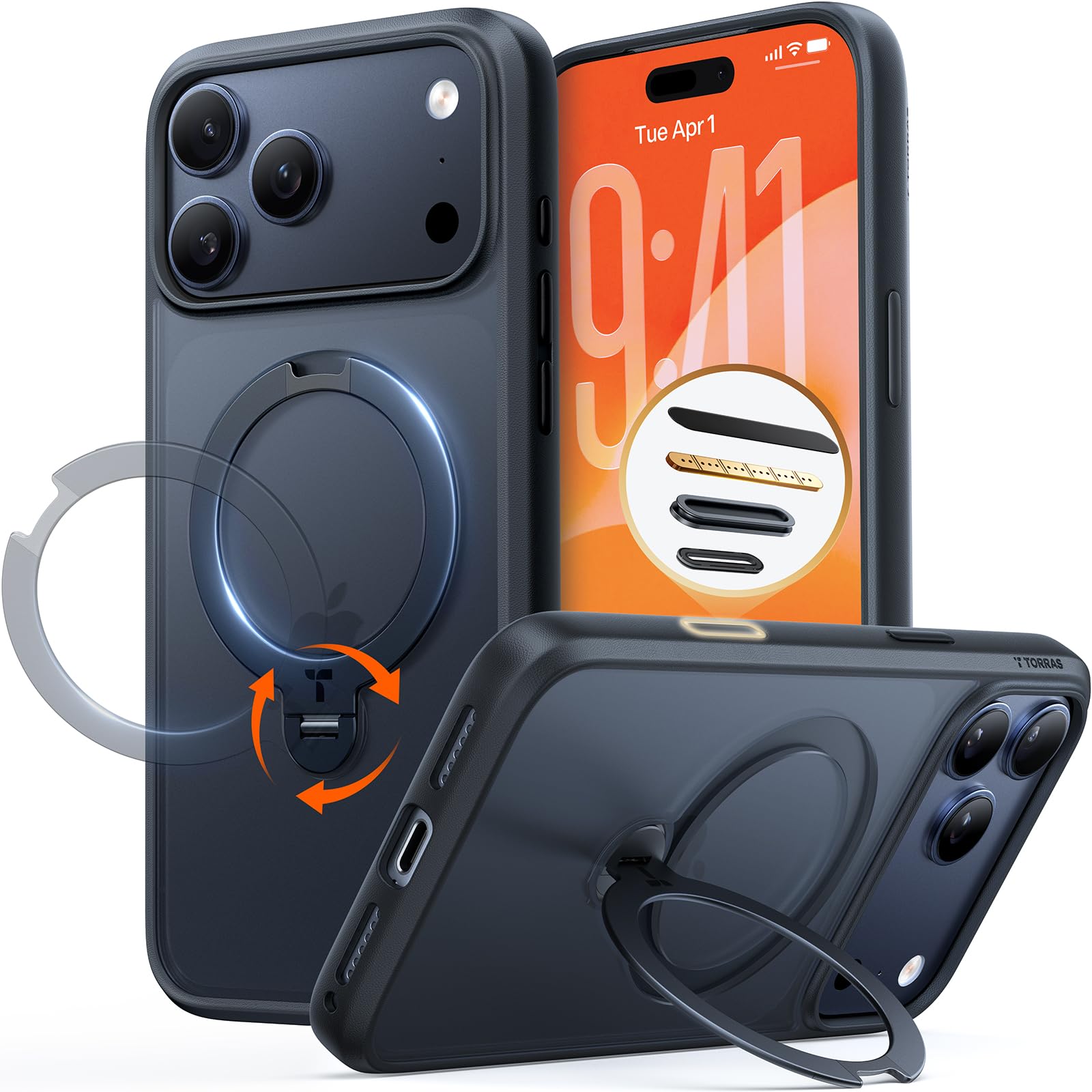 Photo 1 of TORRAS 360 Magnetic Stand for iPhone 17 Pro Max Case with Camera Control Button, Fit for MagSafe, Mil-STD Protective Kickstand Case for iPhone 17 Pro Max Phone Case with Stand, Black, Q3 Spin