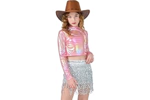 LOLANTA Metallic Dance Tops for Girls Long Sleeve Cropped Y2K Top Shiny Disco Streetwear Rave Party Festivals Costumes