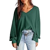 Dokotoo Womens Waffle Knit Tops Fashion 2026 Long Lantern Sleeve Casual Blouses V Neck Oversized T Shirts